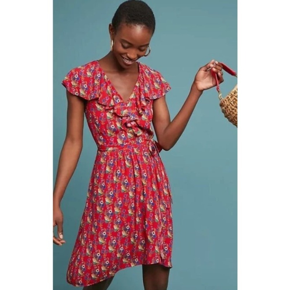 Floral Ruffle V-Neck Wrap Dress in Red